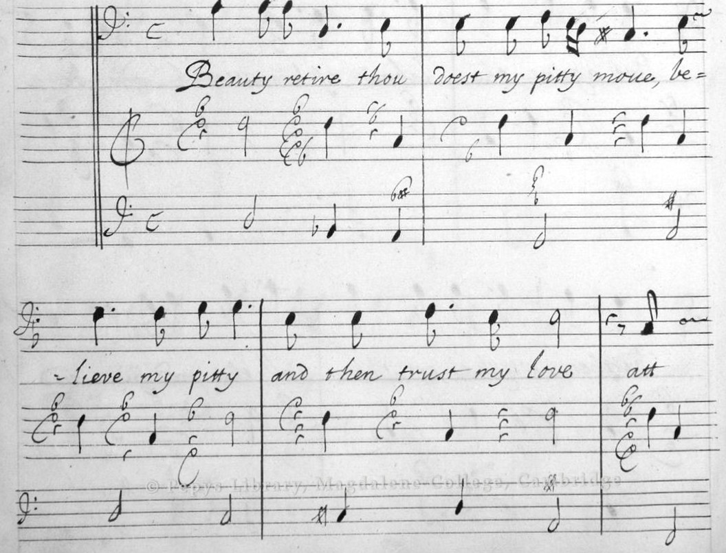Manuscript Beauty retire by Samuel Pepys from Songs sett by Sigr Pietro Reggio 1680