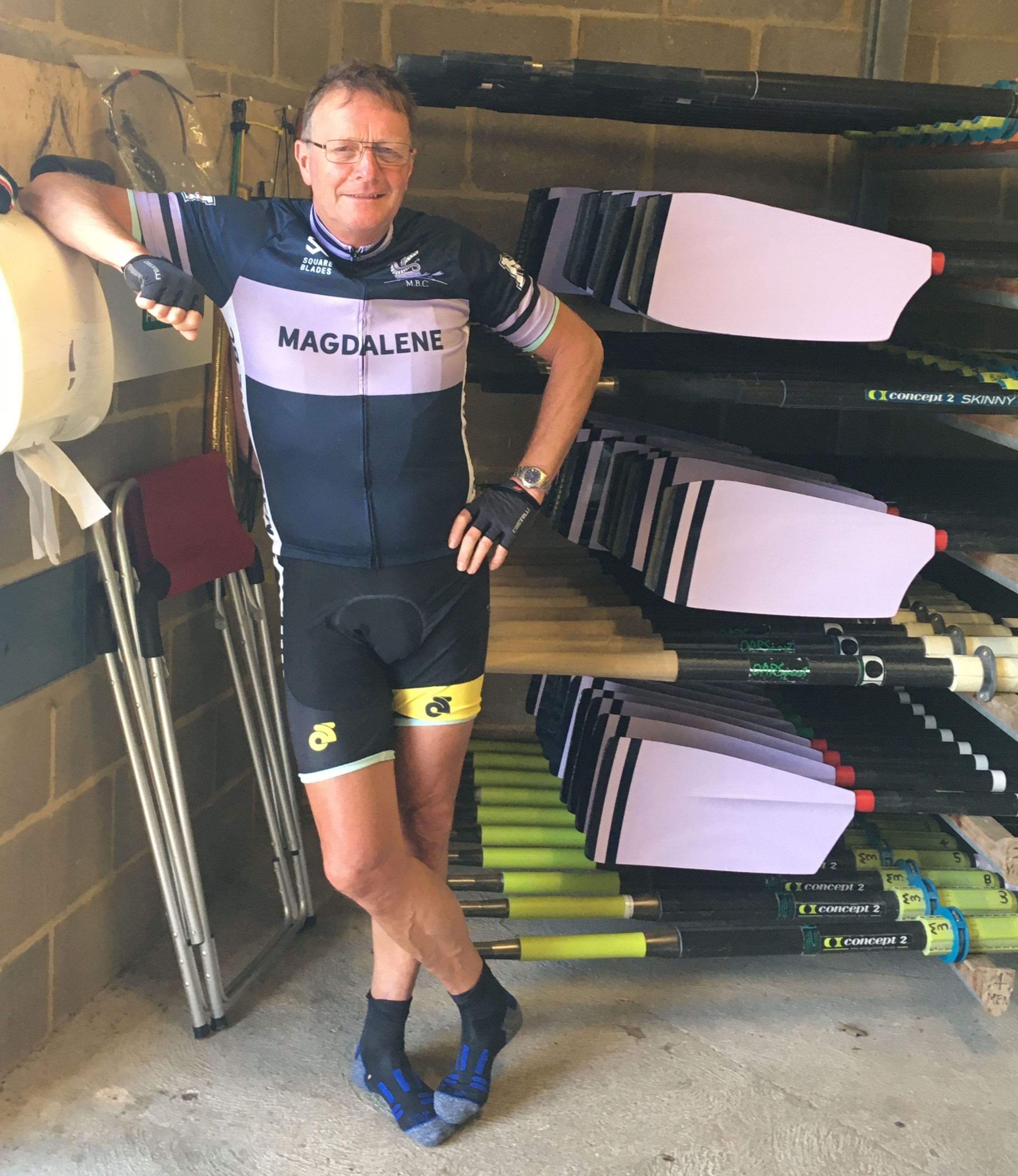 Paul Knights modelling the new MBC cycling jersey in Club colours with some newly painted blades in original MBC colours